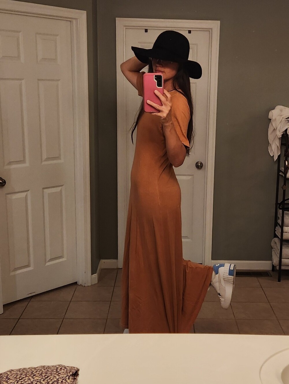 Free People Size L Rust Maxi Dress with Sleeves, Scoop Neck In Back, READ